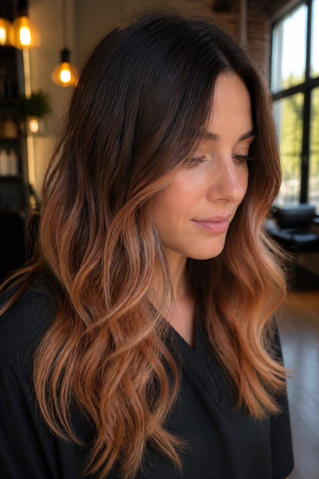 Close-up of a real woman's brunette-to-strawberry transition under warm salon light