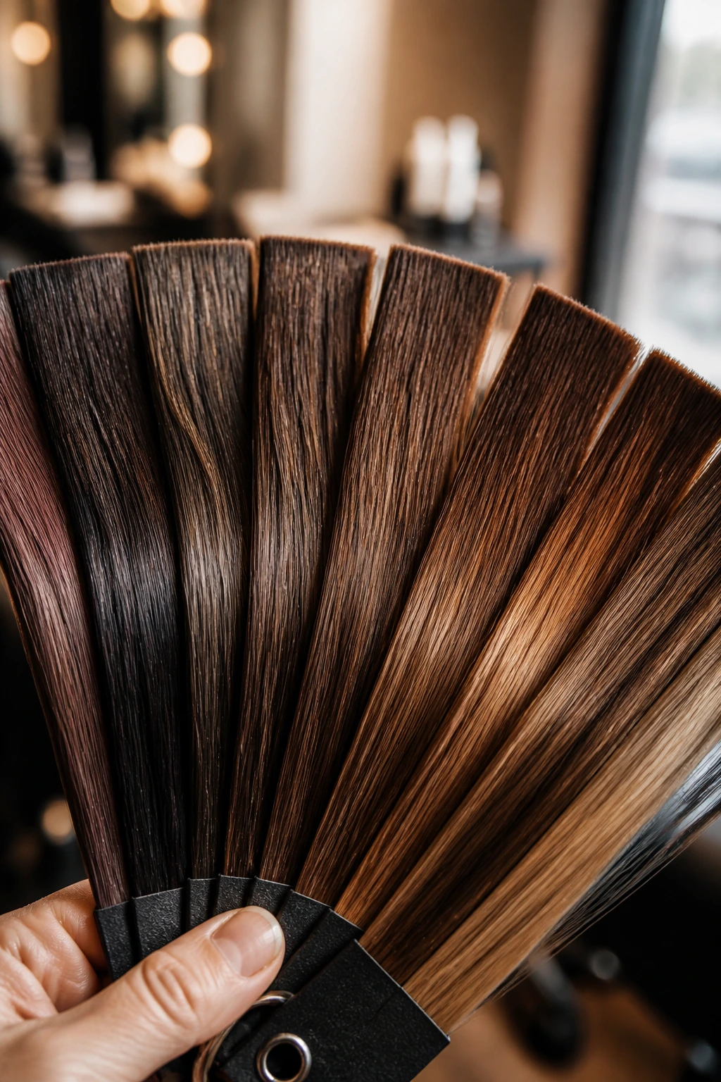 Close-up of brunette hair color swatches fanned in a salon