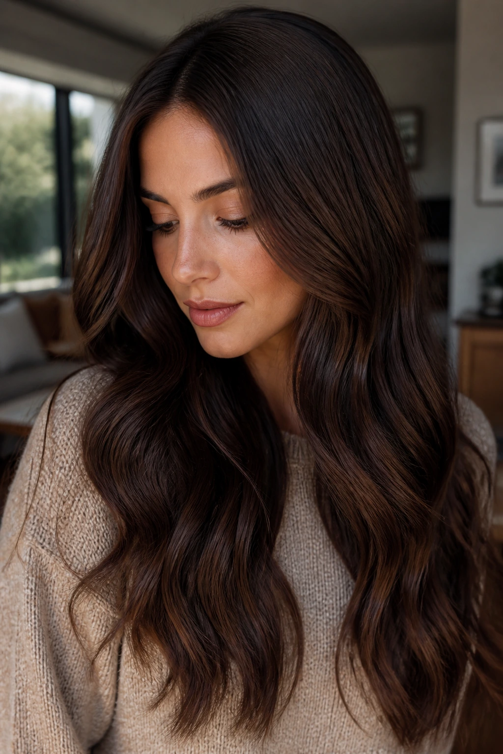 Close-up of brunette hair base color on a real woman in warm indoor light