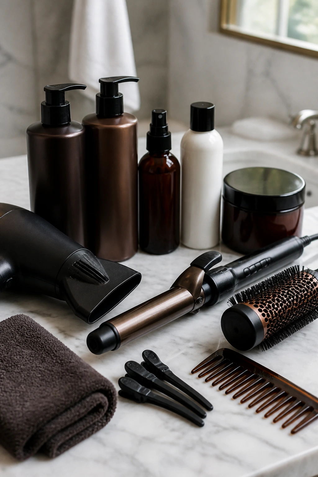 Close-up of brunette hair-care tools arranged on a marble counter