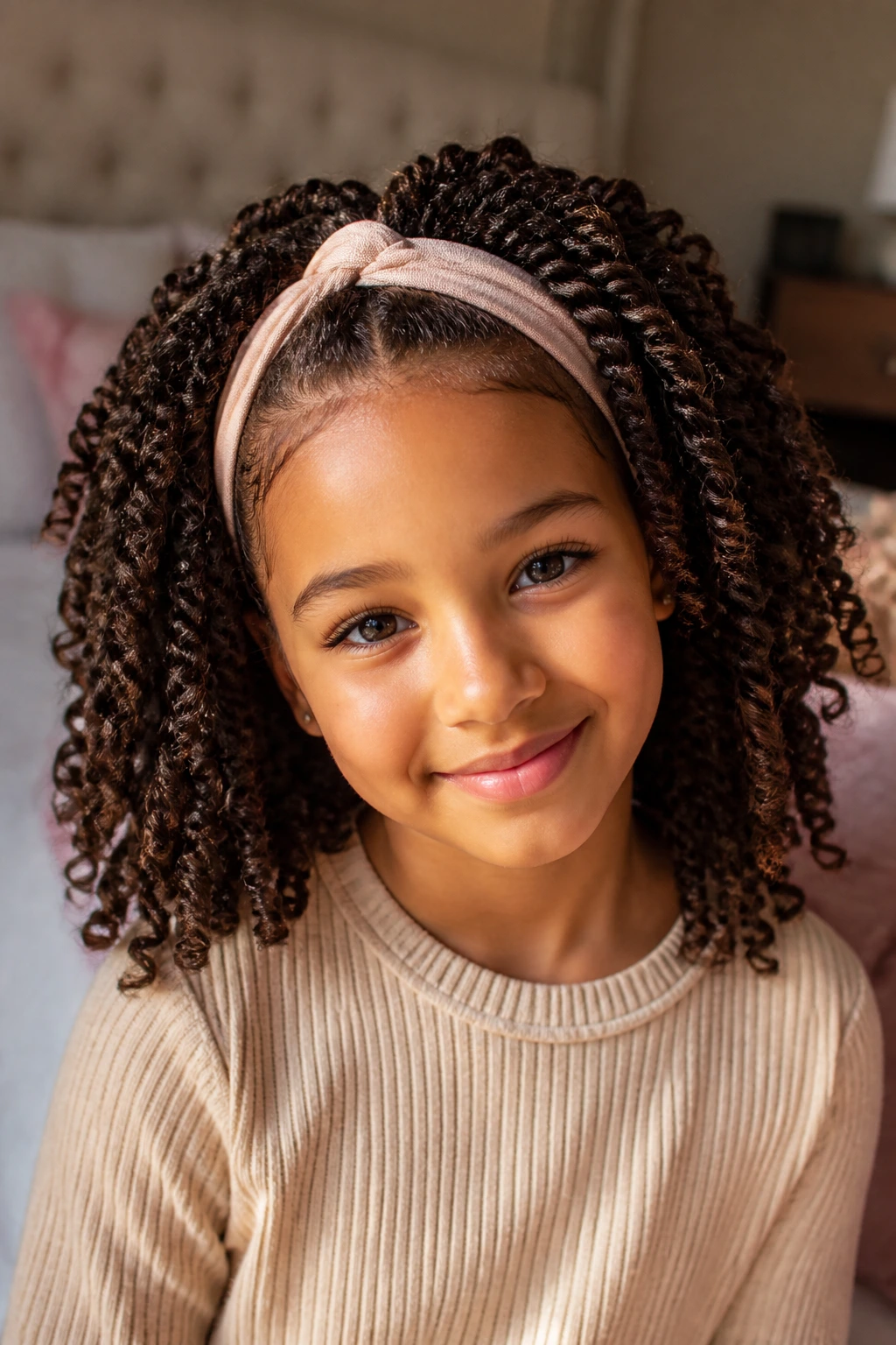 Close-up of brunette girl with defined twist-out and soft headband in a cozy bedroom.
