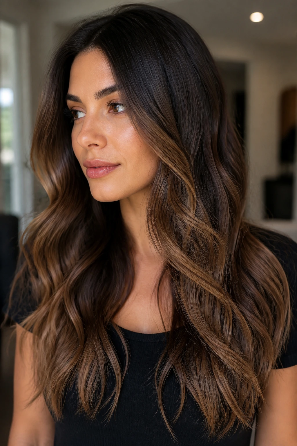 Portrait of brunette with variations including shadow root and highlights
