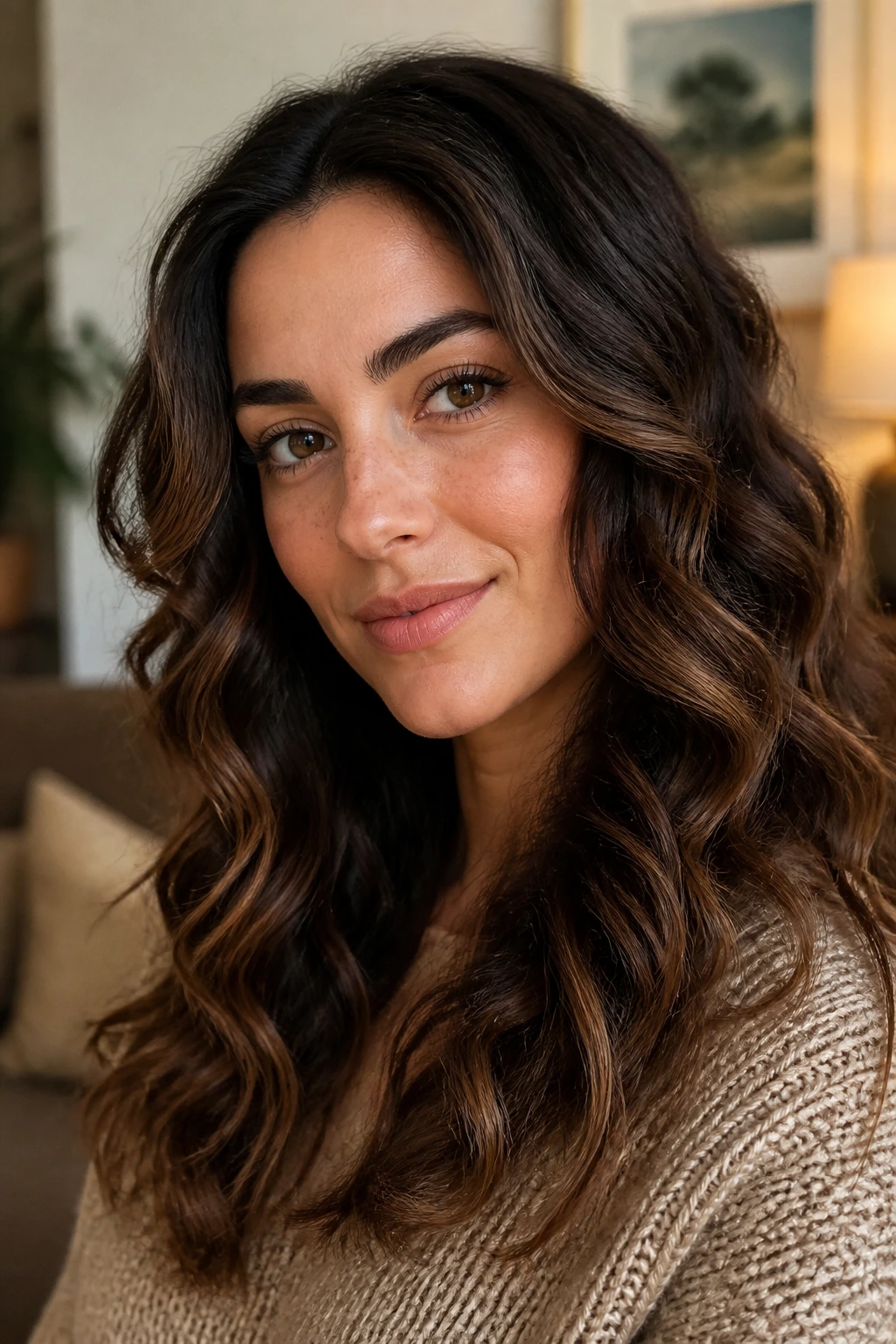 Brunette with babylights and subtle curl variation