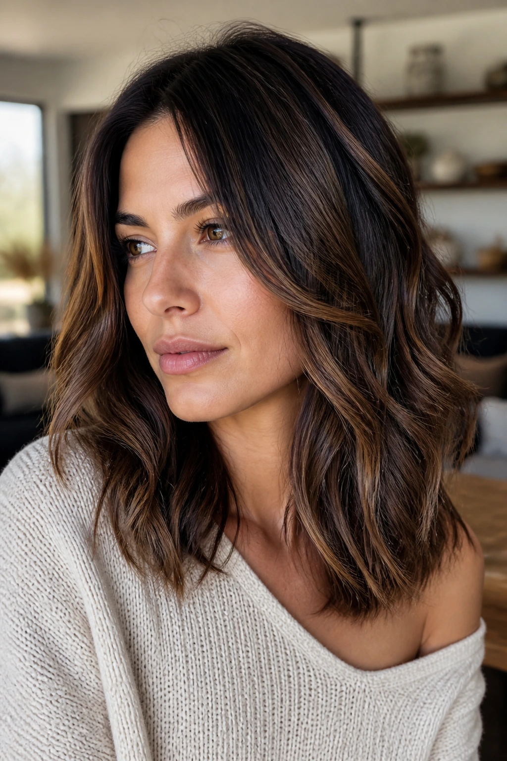 Brunette hair with caramel and ash ribbons in close-up
