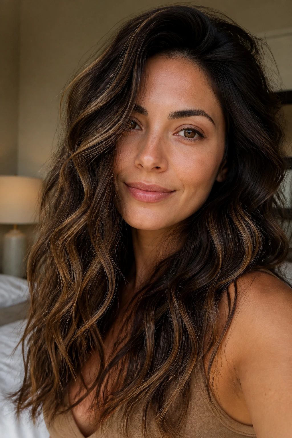 Close-up portrait of a real woman with brunette wavy hair showing dimensional color under natural window light