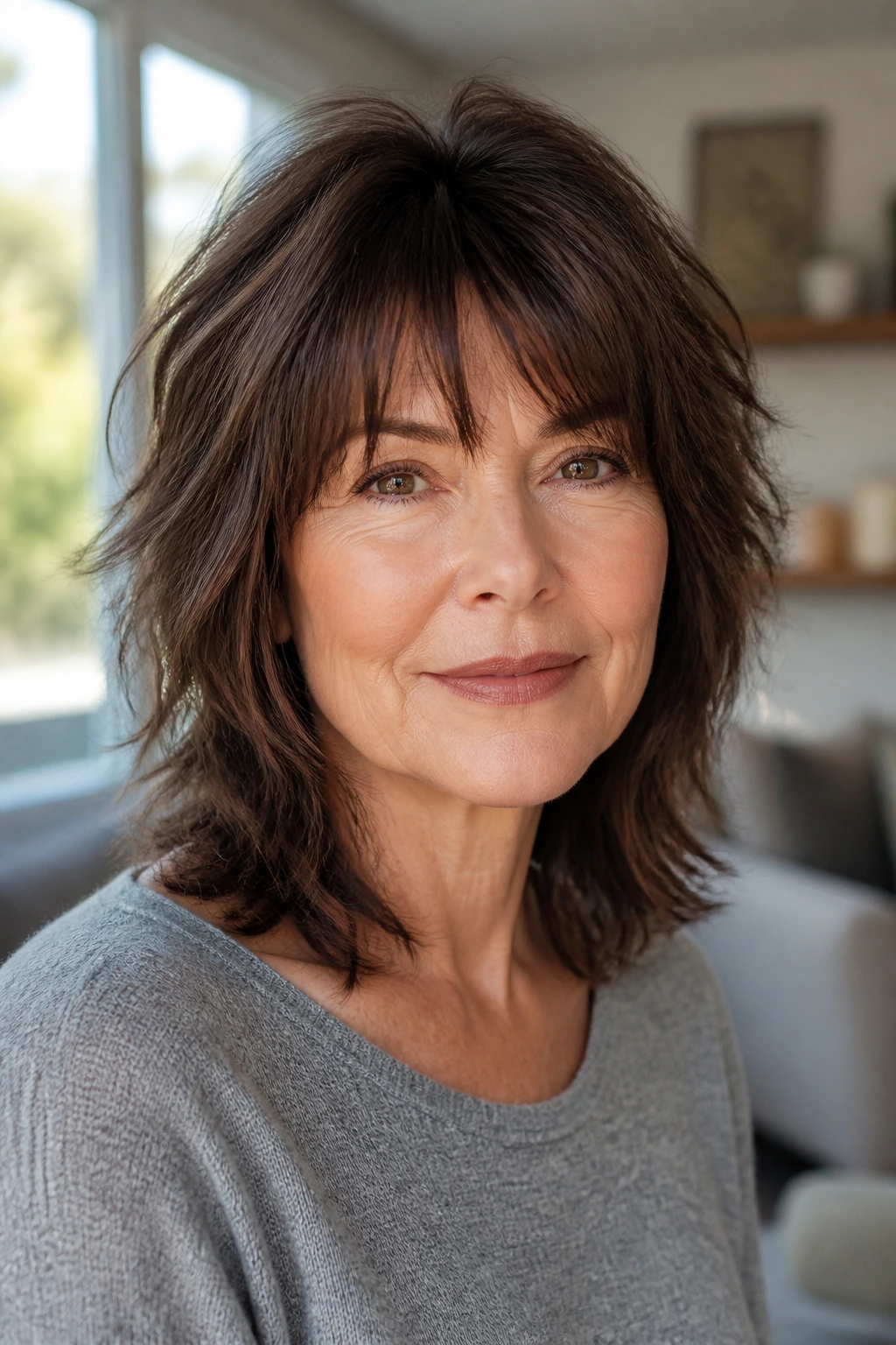 Close-up of a woman with brunette wolf cut and soft fringe.