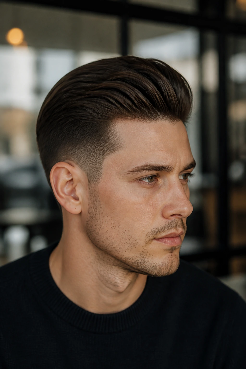 Man with brush-back taper hairstyle in a cafe setting.