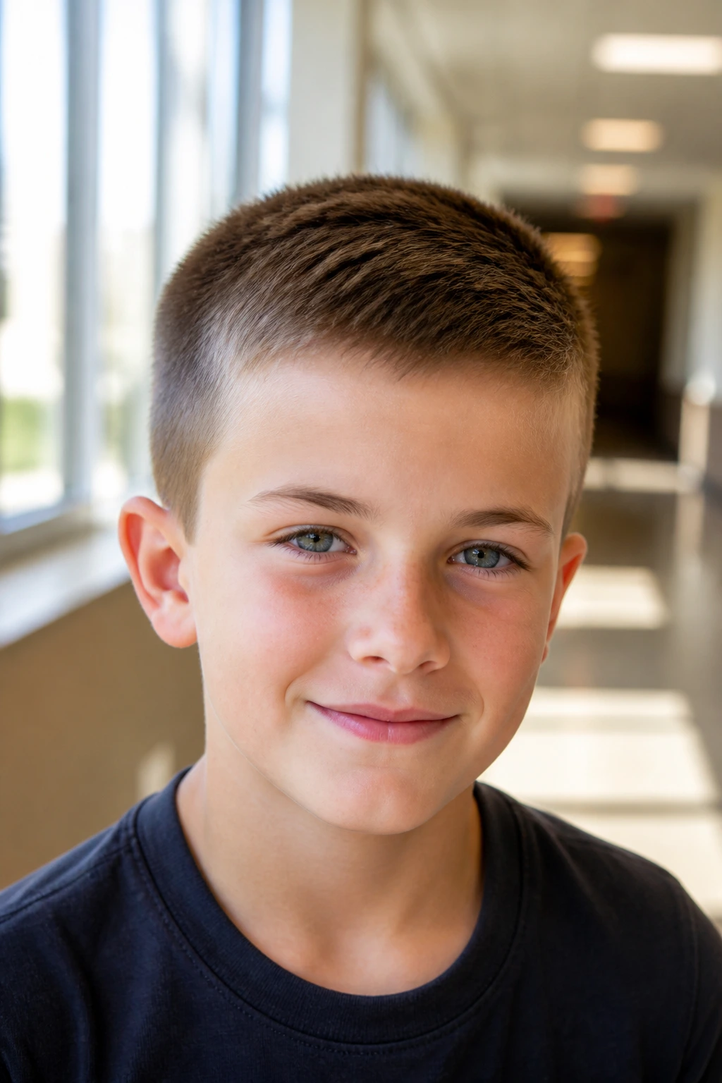 Close-up portrait of a real boy with a brush cut brushed forward.