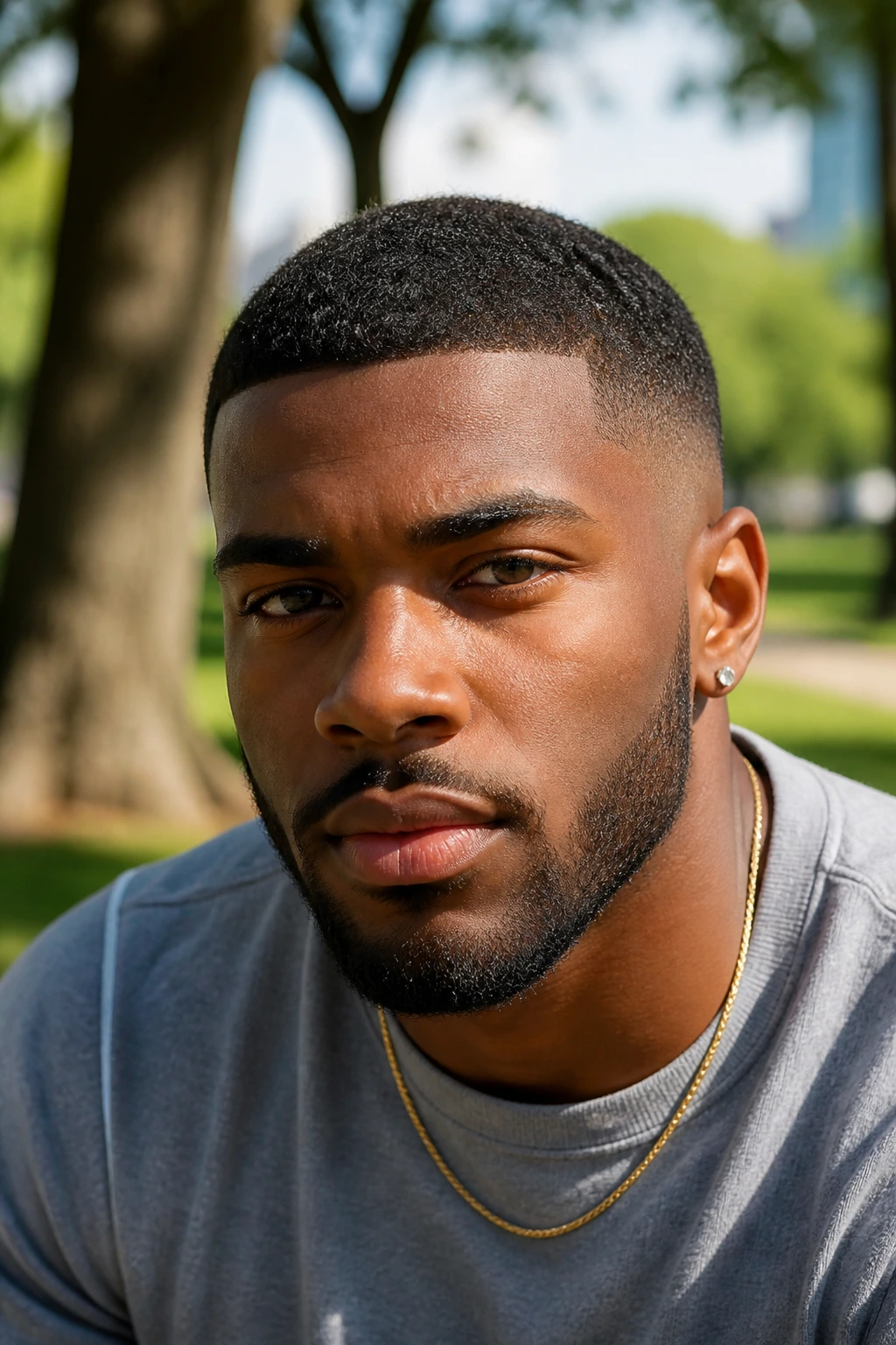 Close-up of a Black man with a brush cut buzz showing forward-directed top