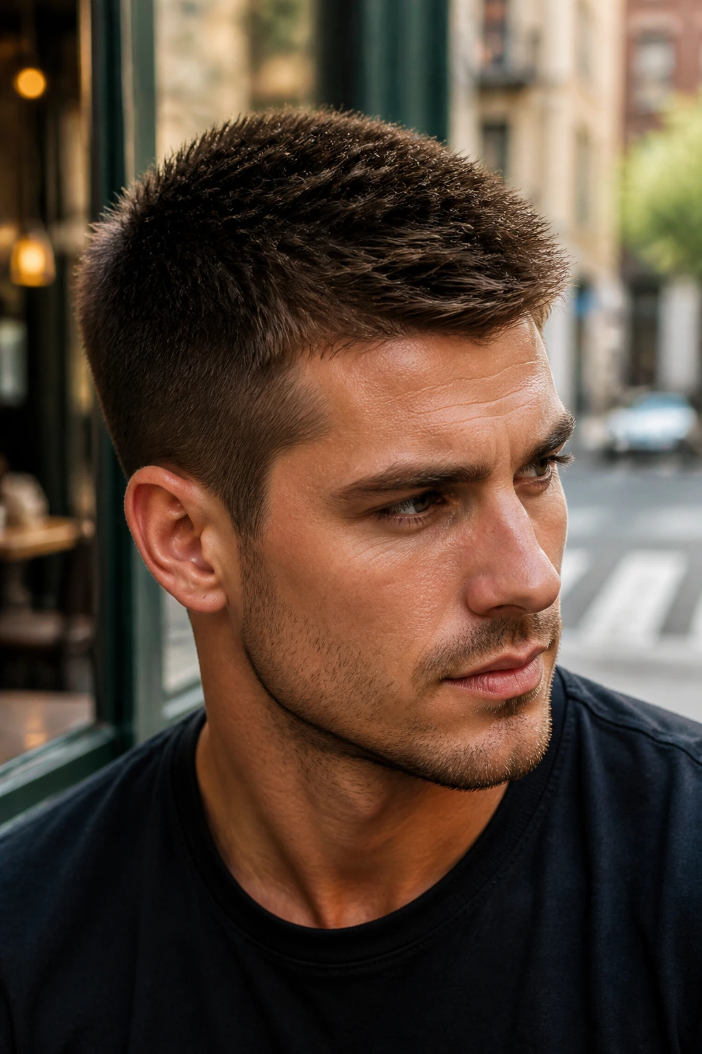 Close-up of Brush Cut hairstyle on a real man outdoors