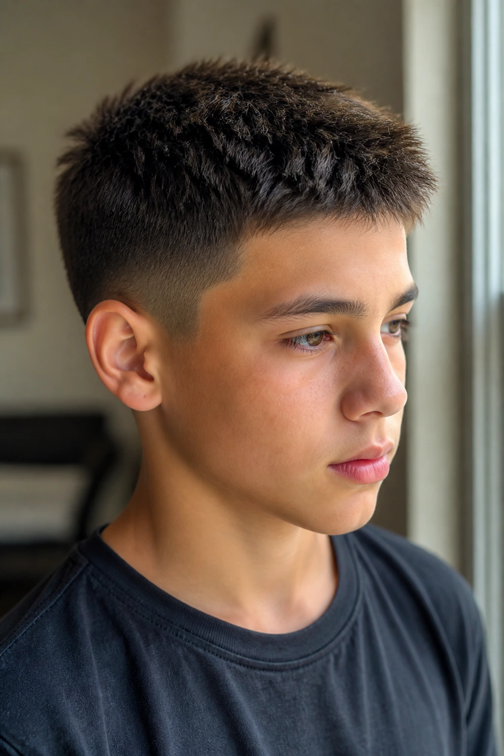 Portrait of a boy with a textured brush cut and tapered sides in natural indoor light