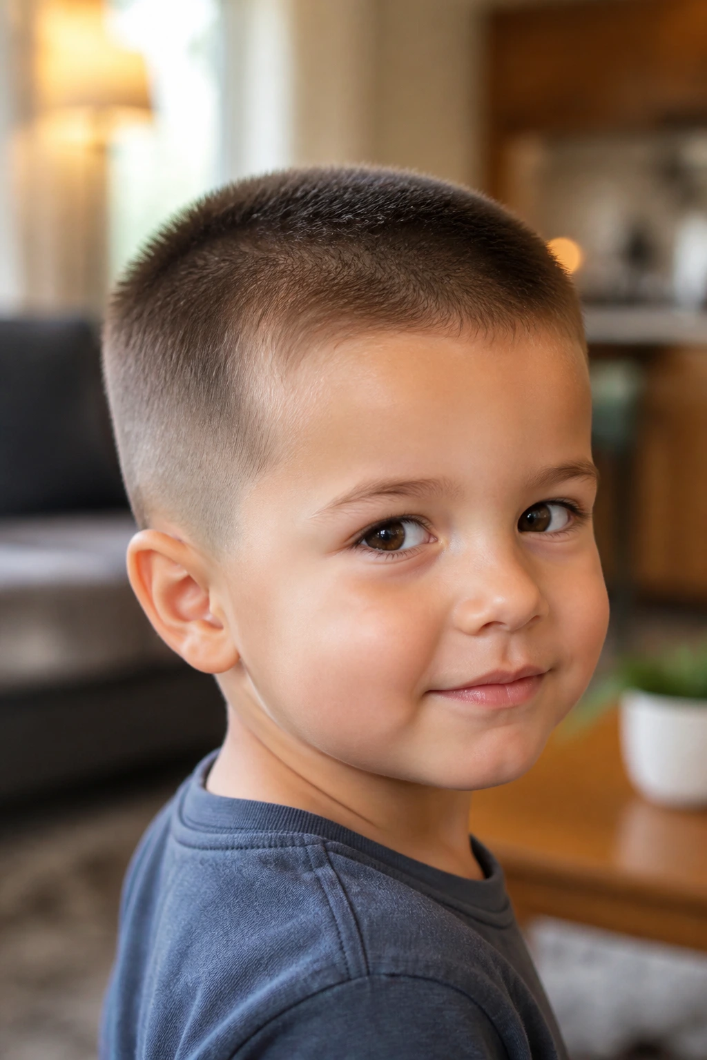 Close-up of real toddler boy with brush cut hairstyle in warm window light