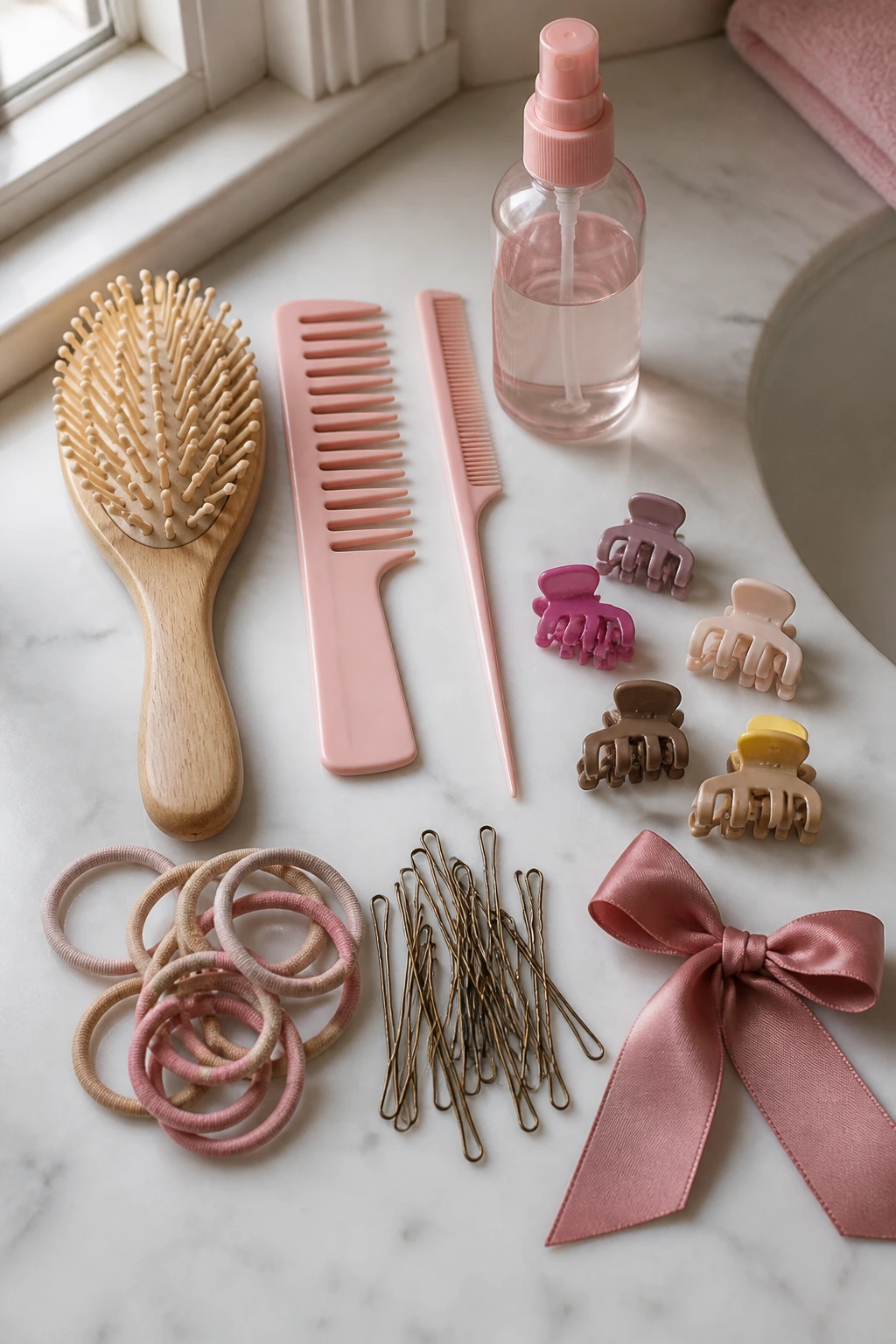 Top-down view of kid hair tools on a bathroom counter