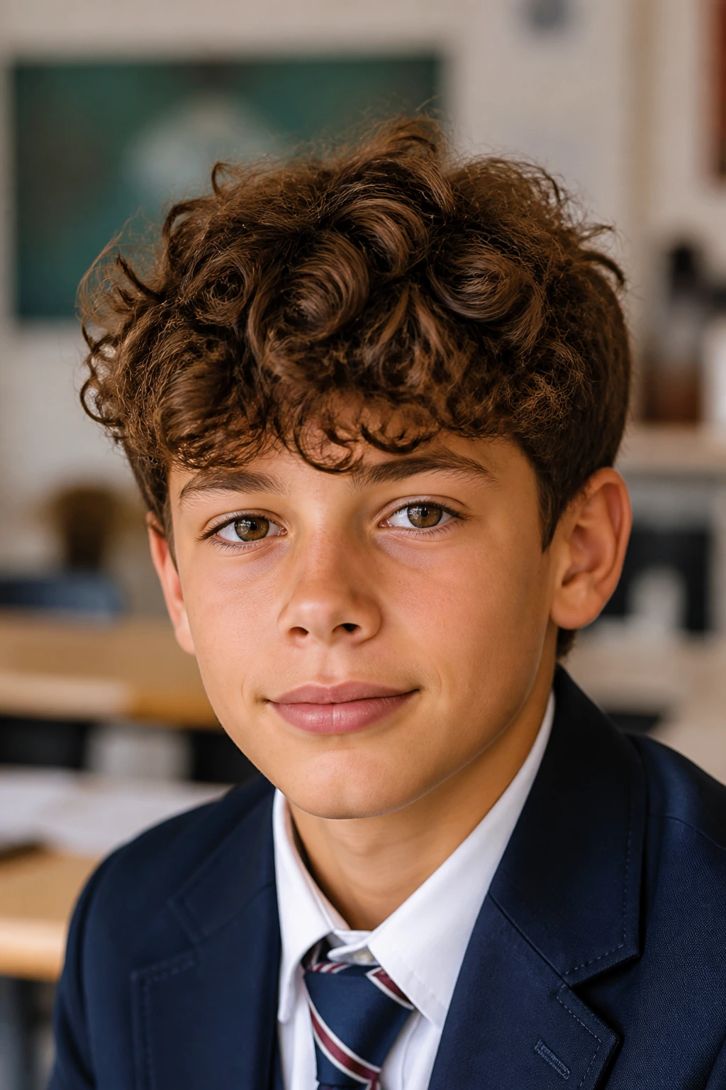 Portrait of real schoolboy with brush-forward curly mop hairstyle