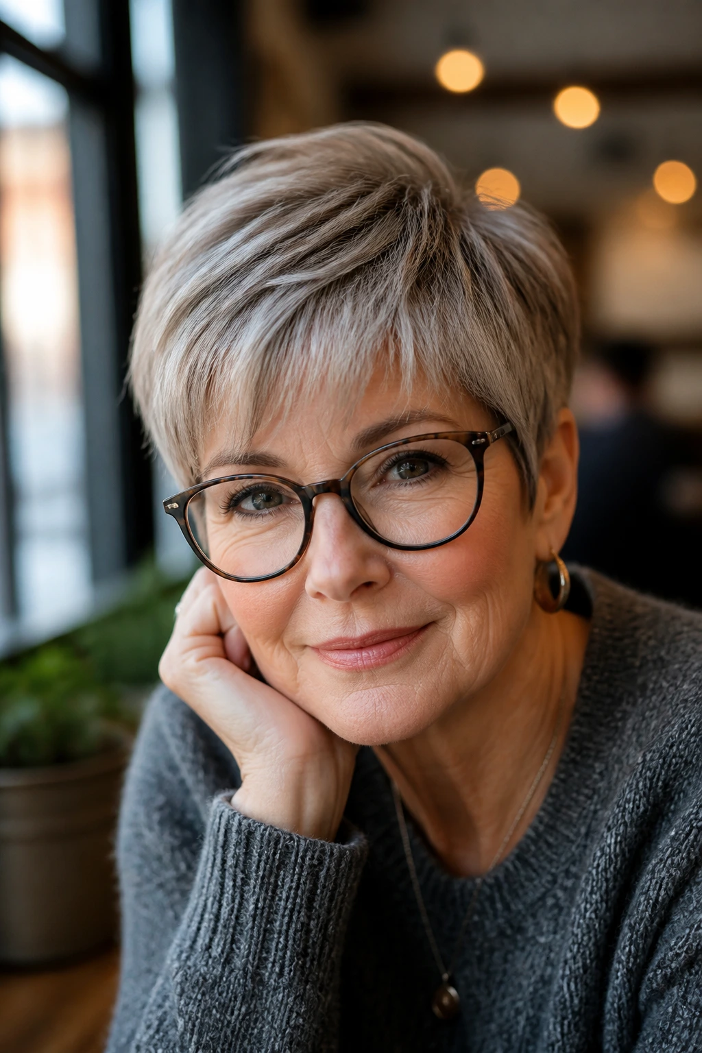 Portrait of a real woman with a brush-forward fringe pixie hairstyle by a cafe window