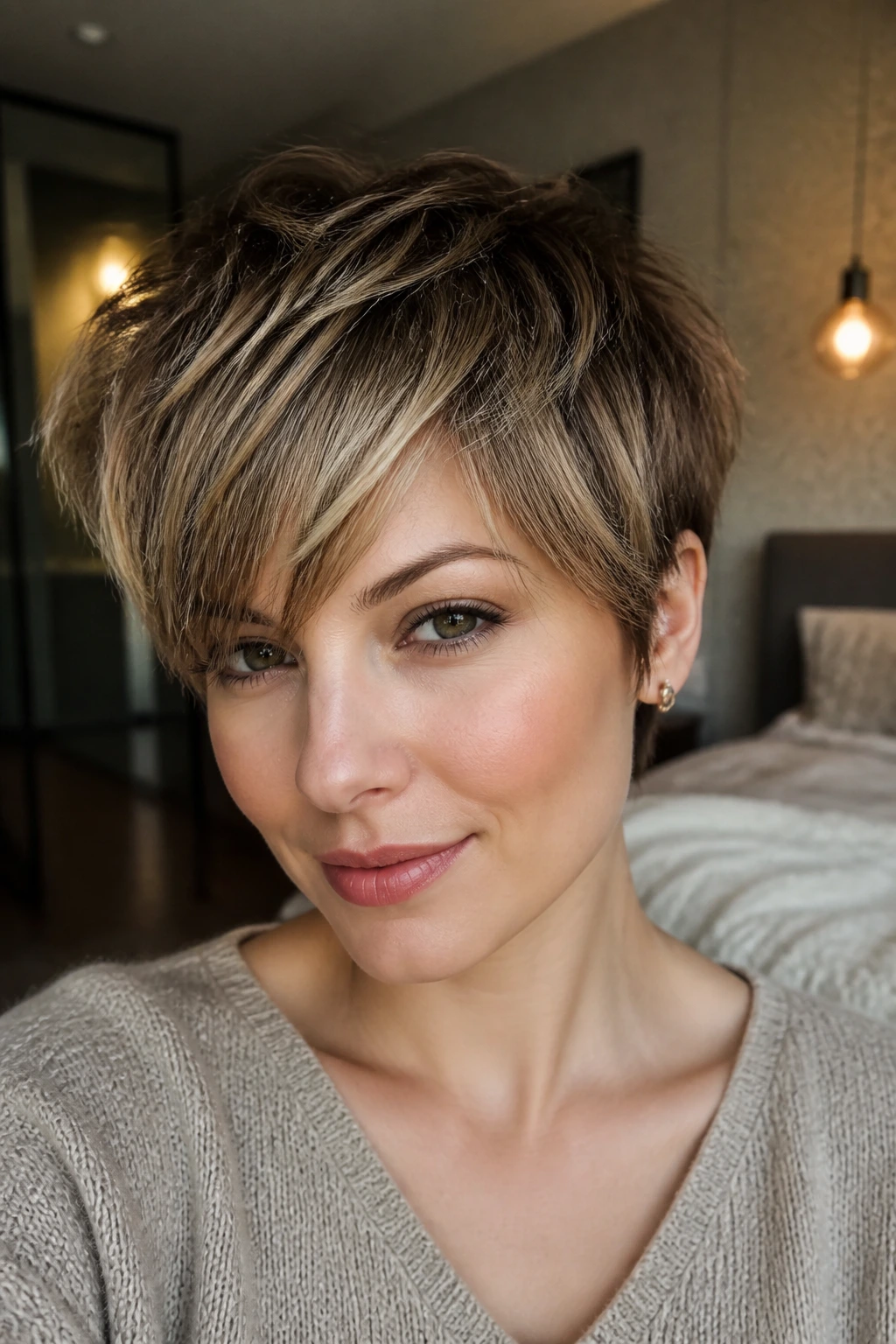 Close-up of a real woman with a Brush-Forward Pixie framing the eyes