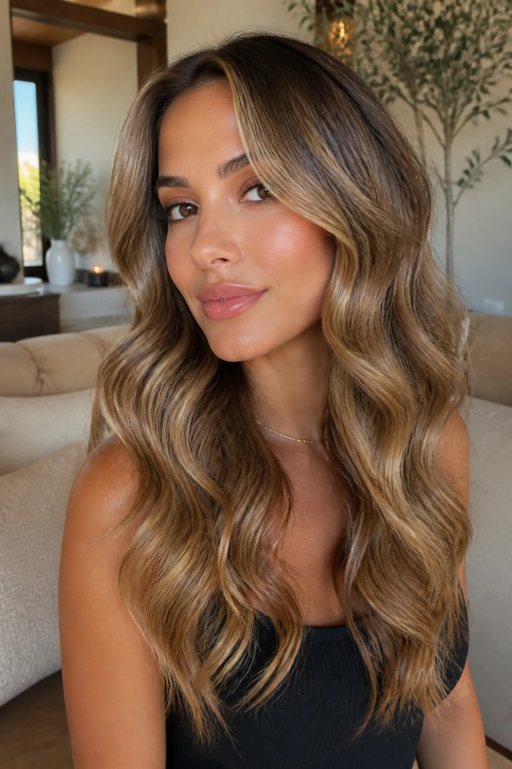 Close-up portrait of a real woman with brush-out glam waves forming large ribbons