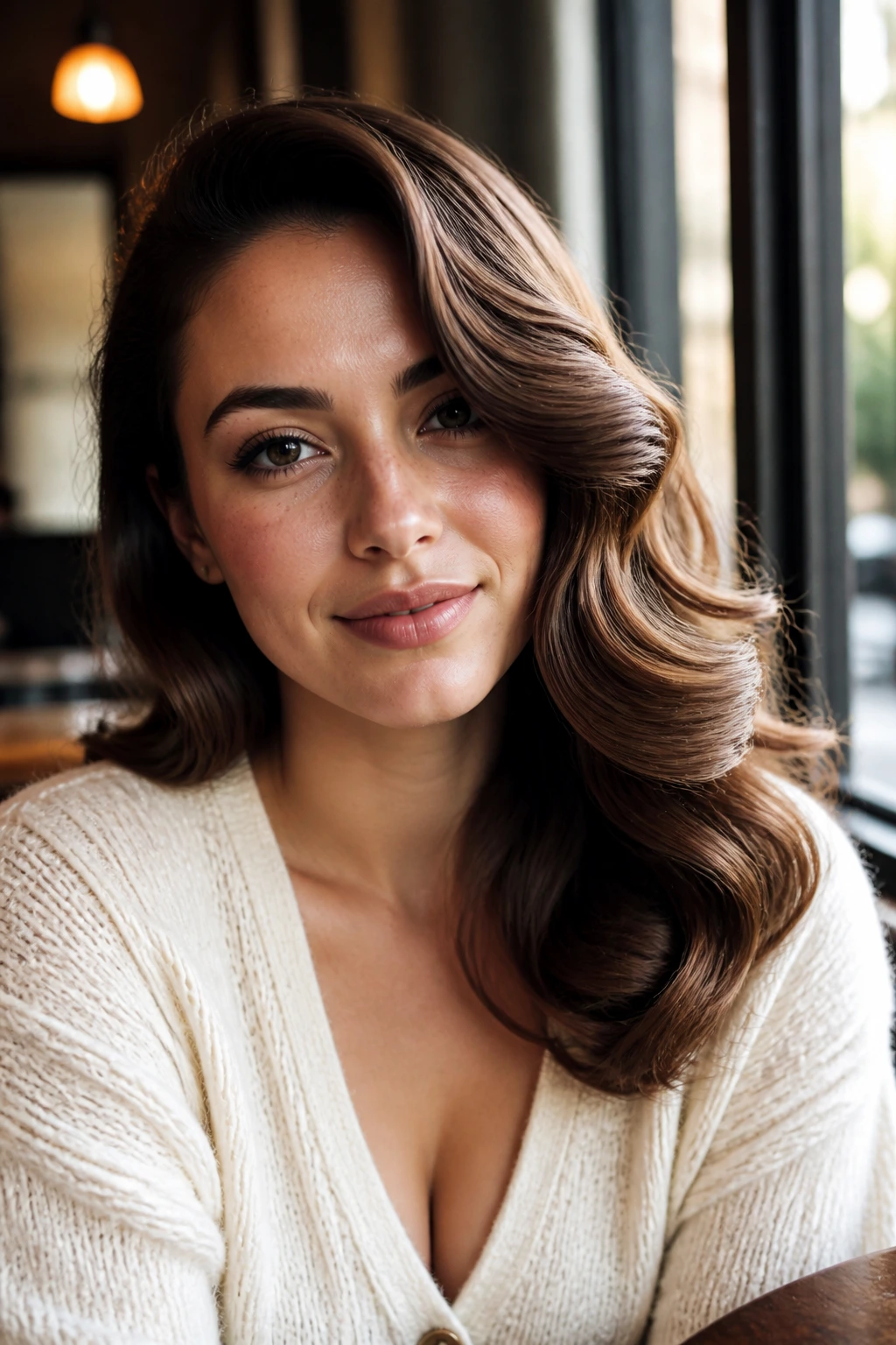 Close-up portrait of a woman with side-swept brush-out waves.