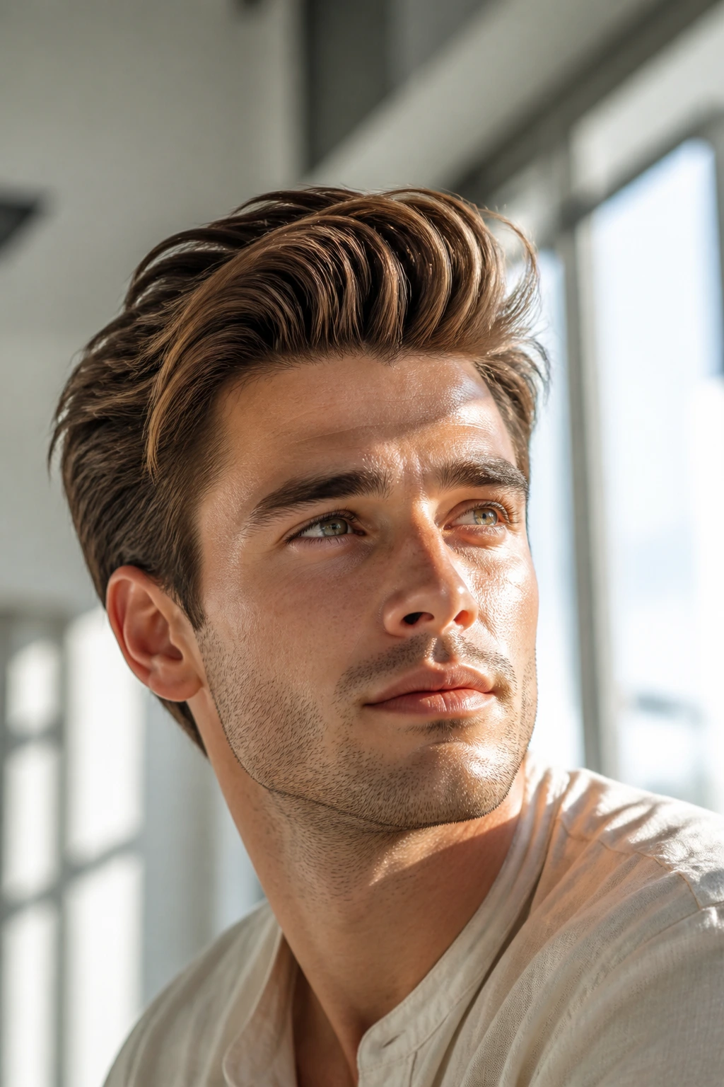 Close-up of a man with a brush-up blowout and lifted roots
