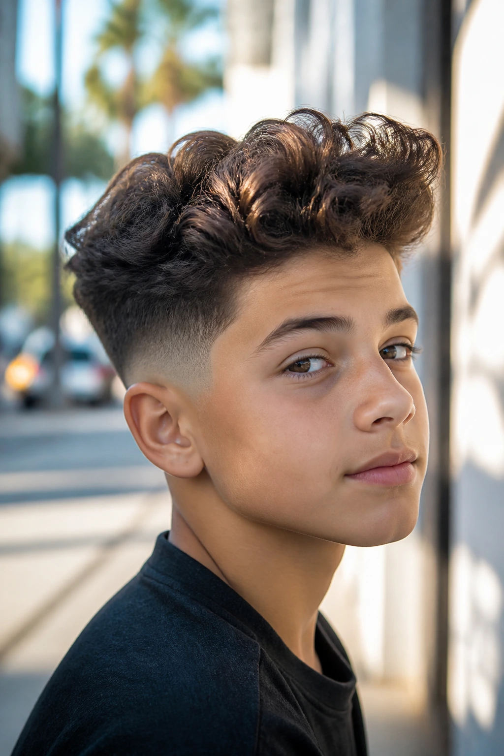 Close-up of a real boy with brush-up curls and fade