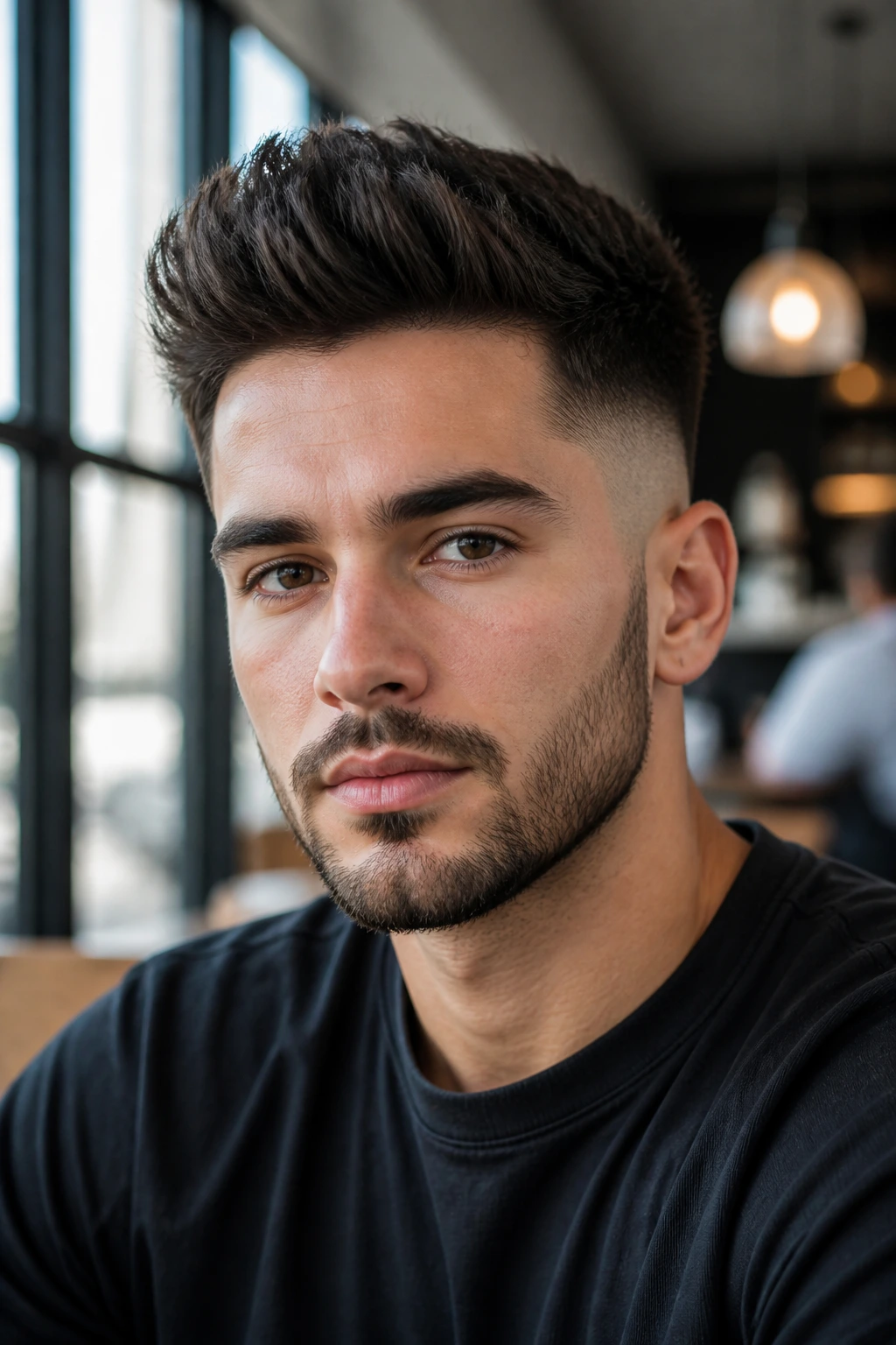 Close-up portrait of a man with a brush-up fade and matte volume.