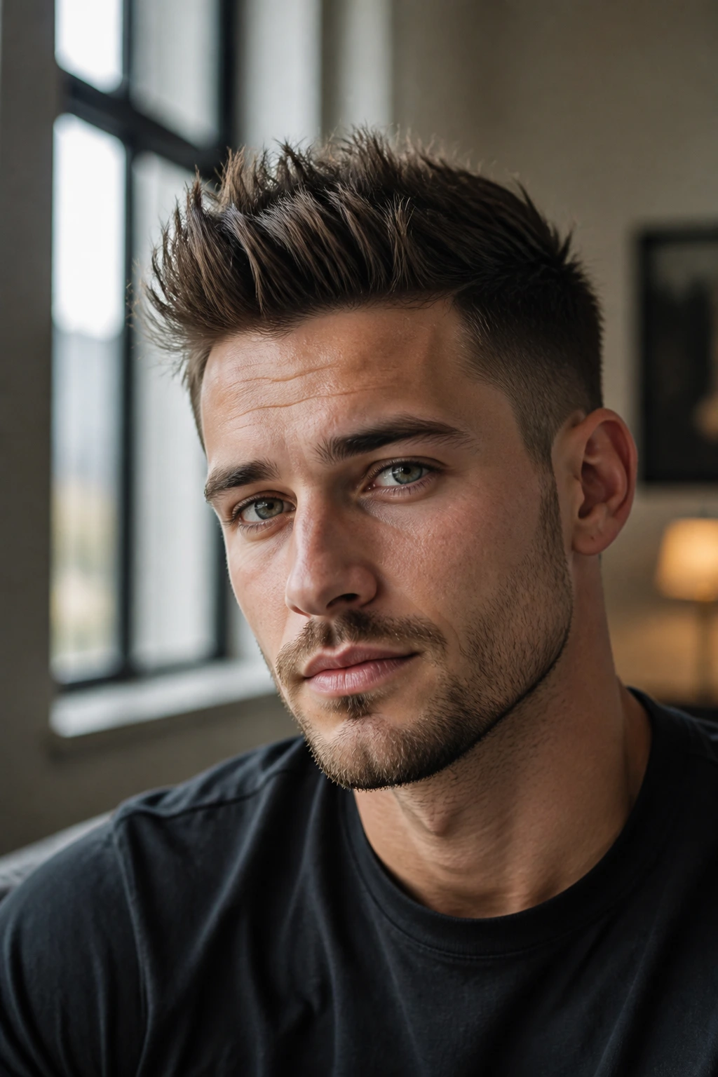 Close-up of a man with a brush-up hairstyle under natural light