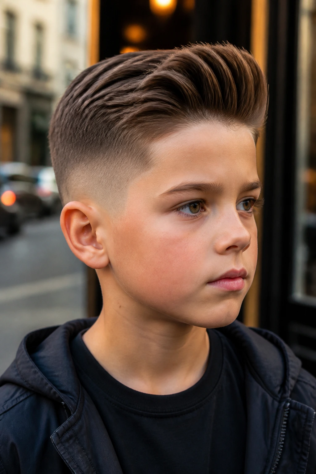 Close-up of a boy with a brush-up hairstyle and low fade.