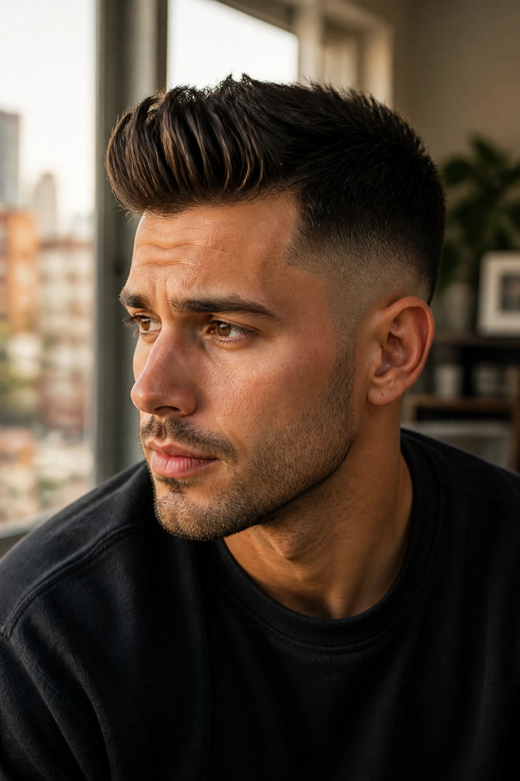 Close-up portrait of a man with brush-up hairstyle and mid fade.