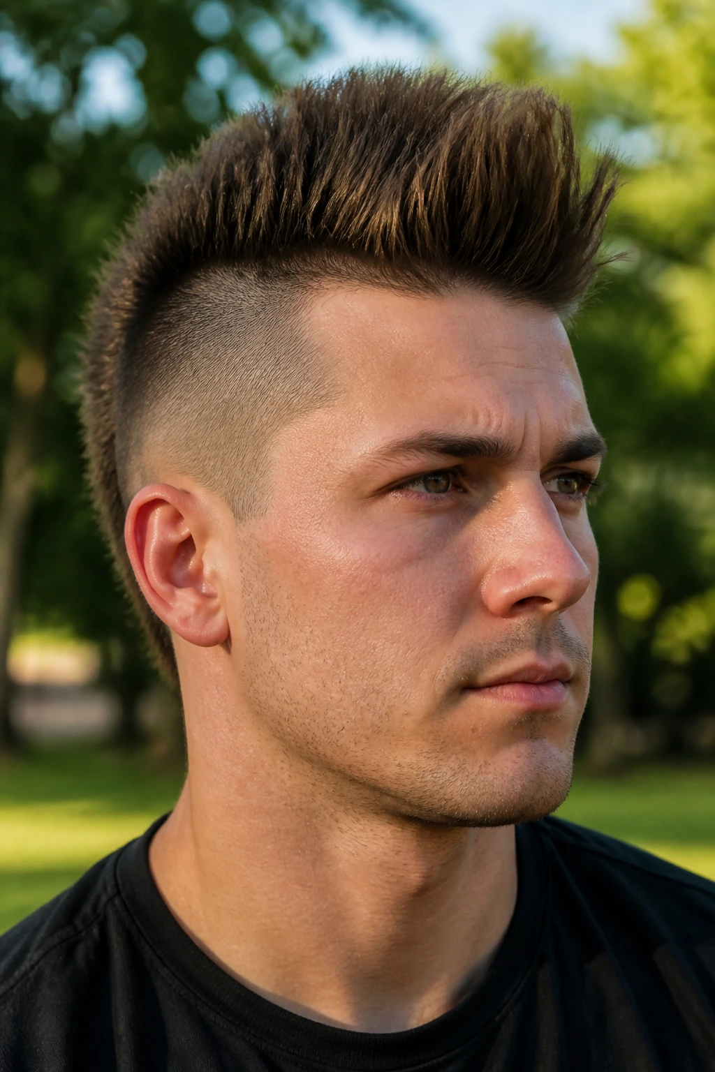 Close-up portrait of a man with a brush-up mohawk in a park setting
