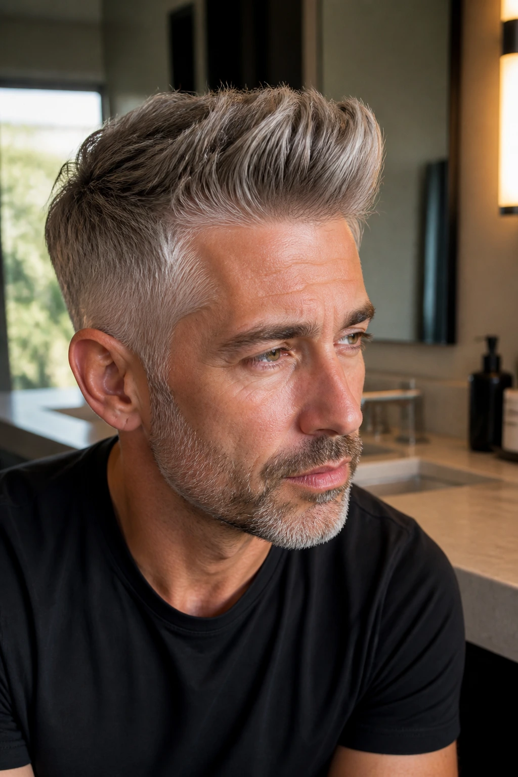Close-up of man with brush-up quiff gray hair