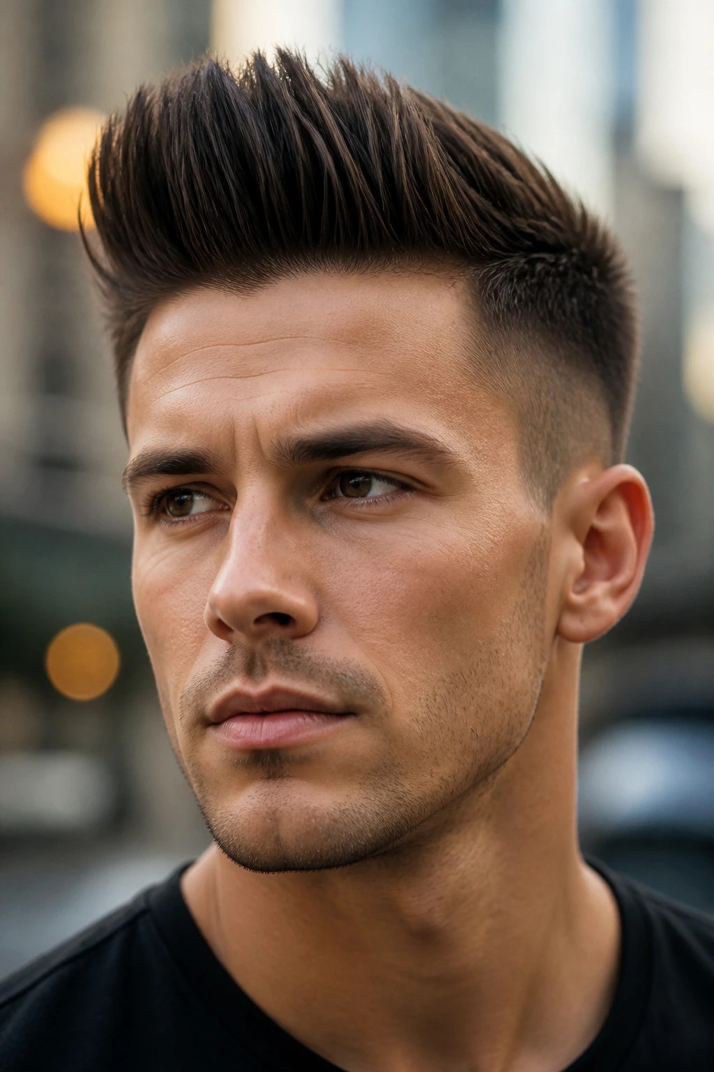 Close-up of a man with a pronounced brush-up quiff and sharp edges