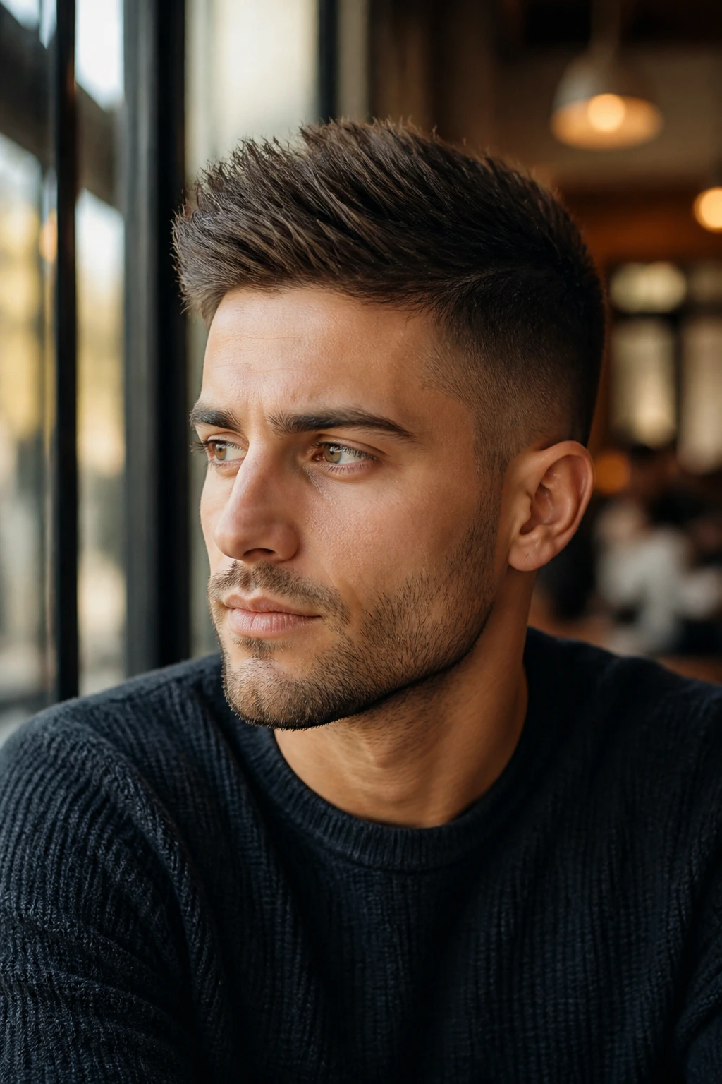 Close-up of a man with a brush-up hairstyle in a cafe