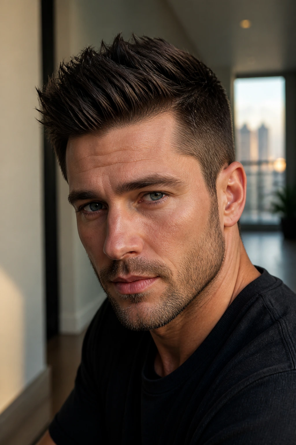 Close-up of a man with brush-up spikes hairstyle under natural window light