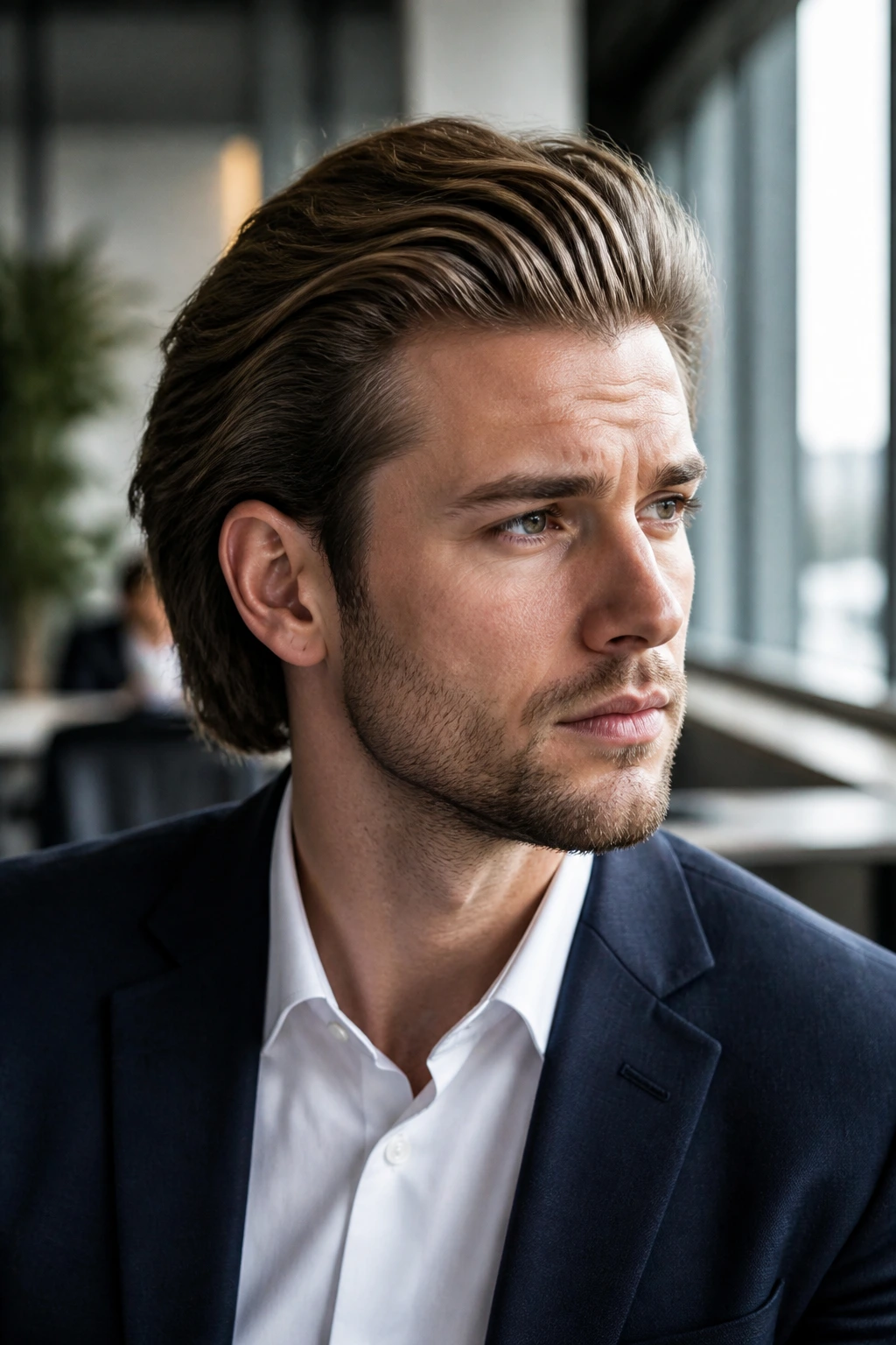 Close-up portrait of a real man with brushed-back medium length hair in office