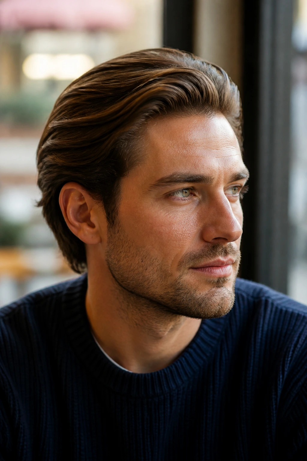 Portrait of a man with brushed-back medium-length hairstyle in cafe setting.