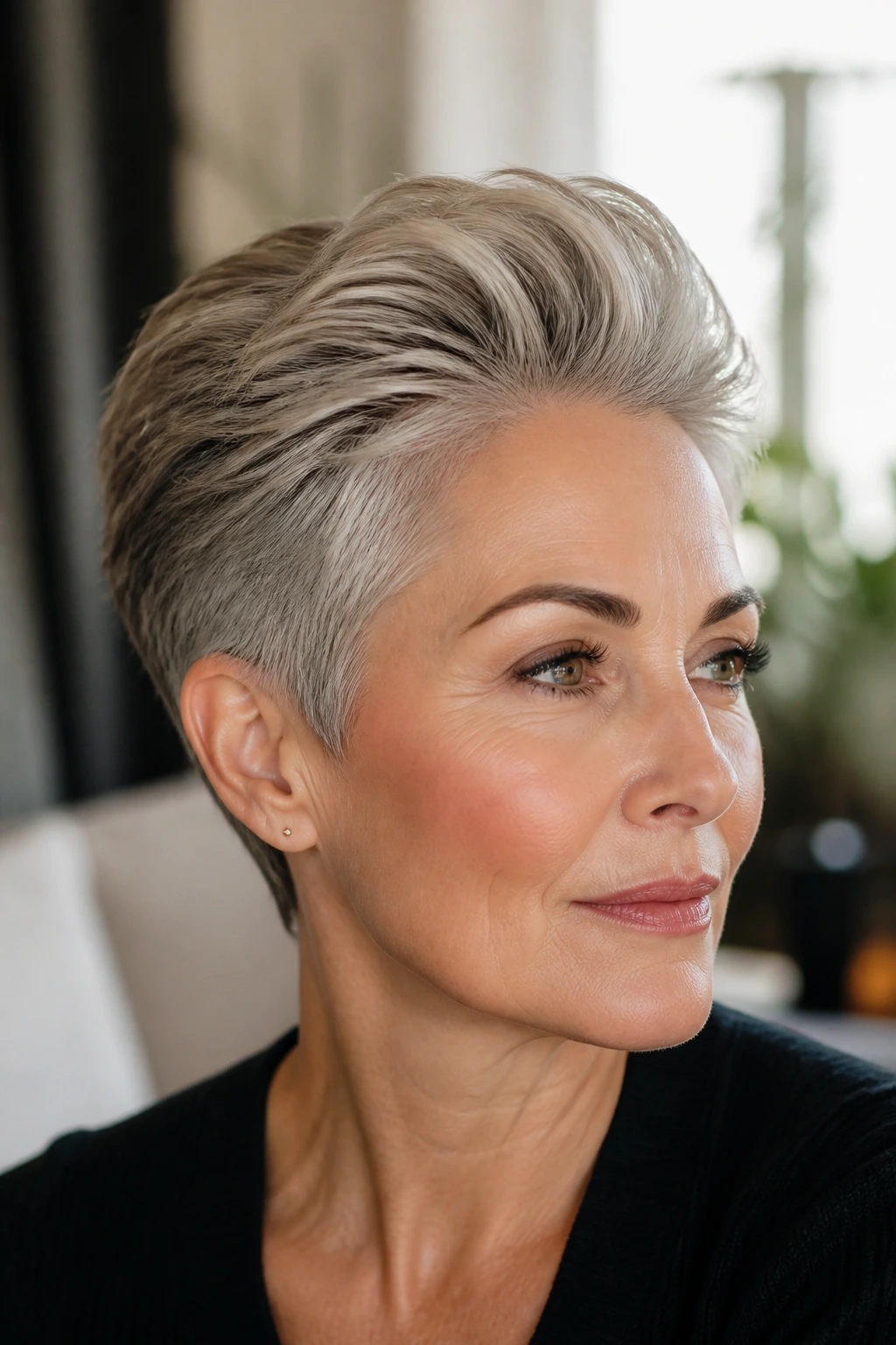 Close-up of a real woman with a brushed-back pixie hairstyle.