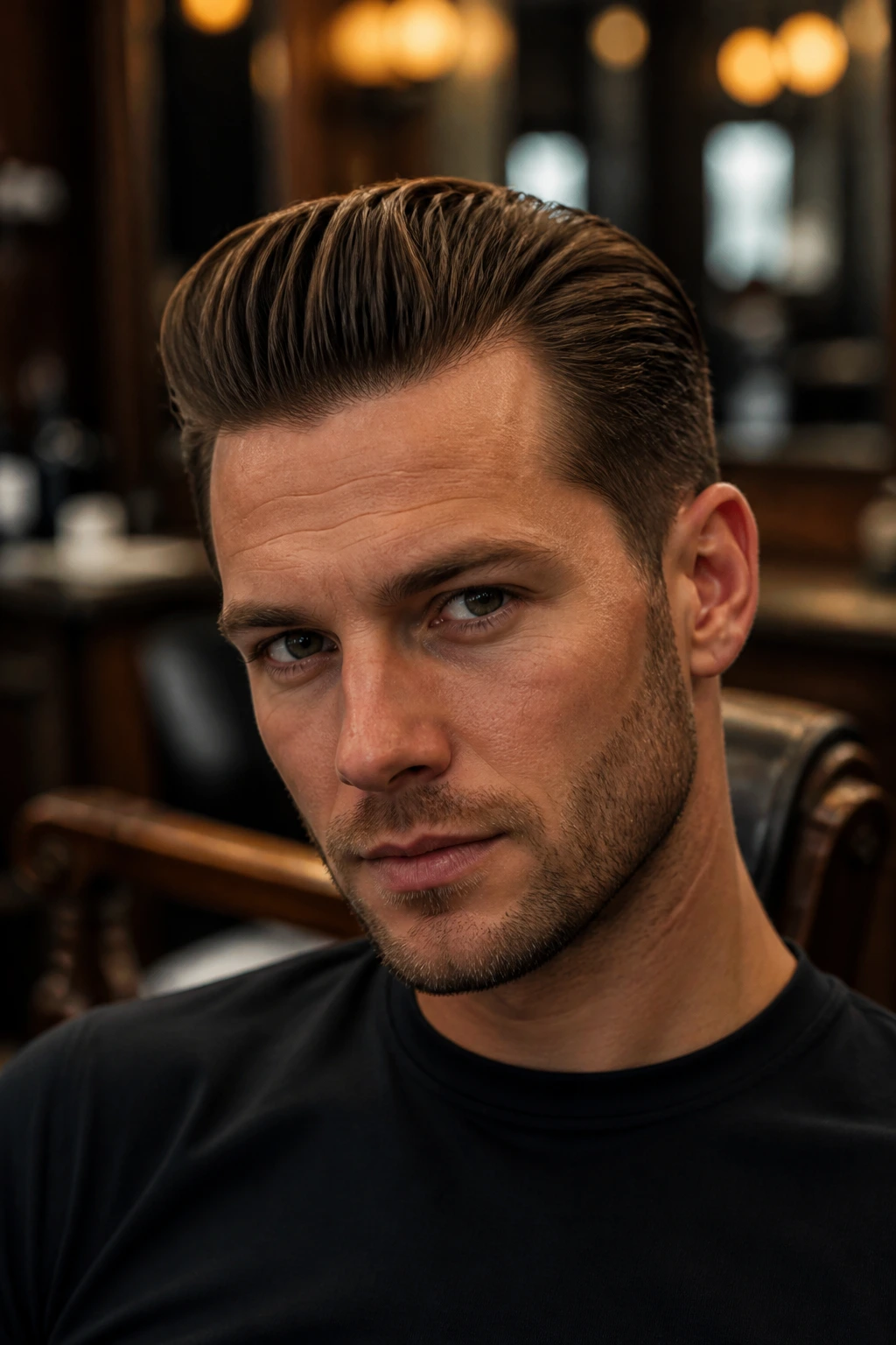 Close-up portrait of a real man with a brushed-back quiff in barber-shop lighting