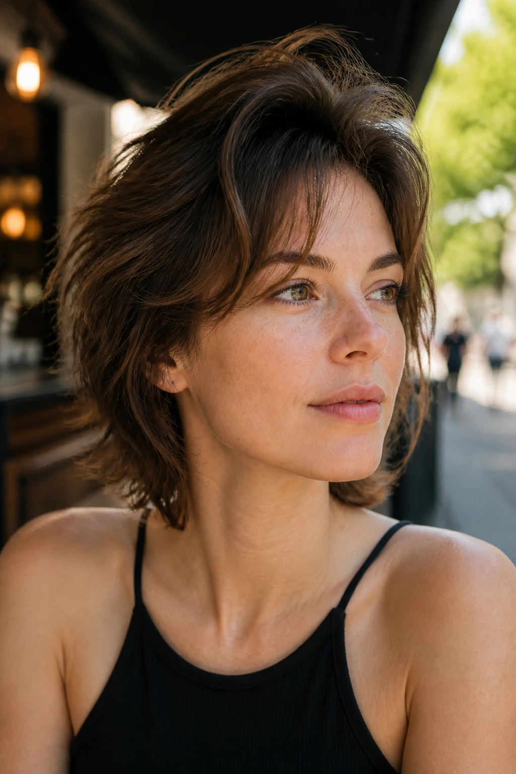 Portrait of real person with brushed-back messy shag showing lift from the face