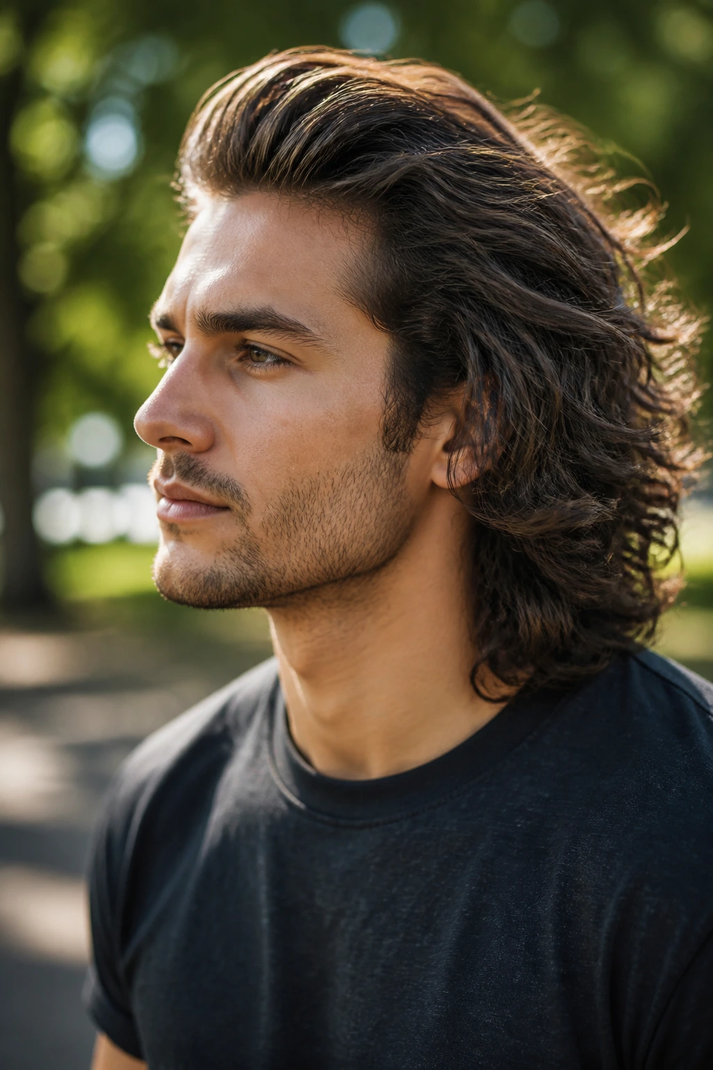 Portrait of a man with brushed-back voluminous curls outdoors in natural light