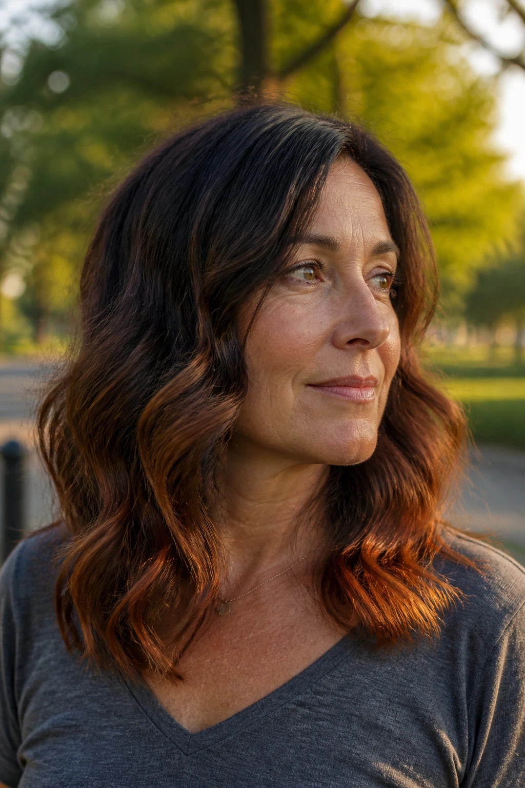 Real woman with brushed copper ends in soft waves outdoors