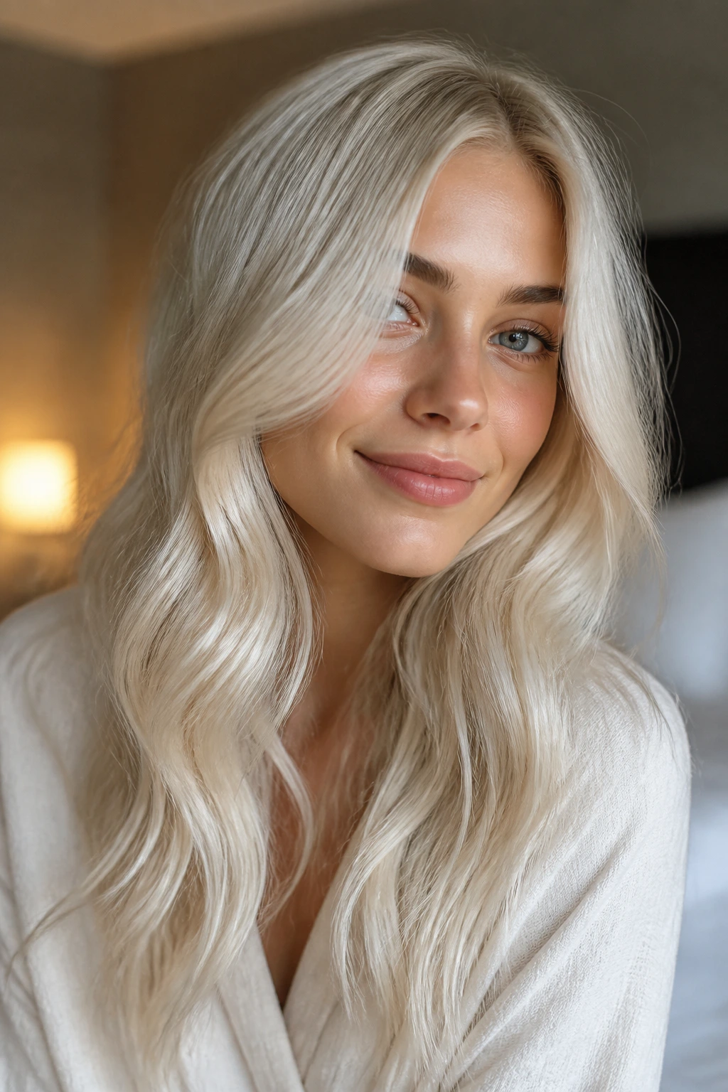 Close-up of a real woman with Brushed Cotton Blonde hair in airy pale tones and soft brushed texture.