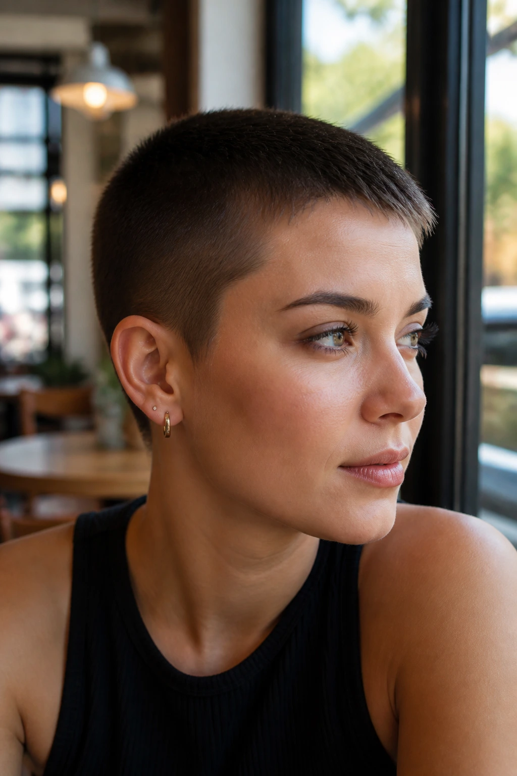 Close-up of a real person with brushed-forward buzz cut framing the forehead