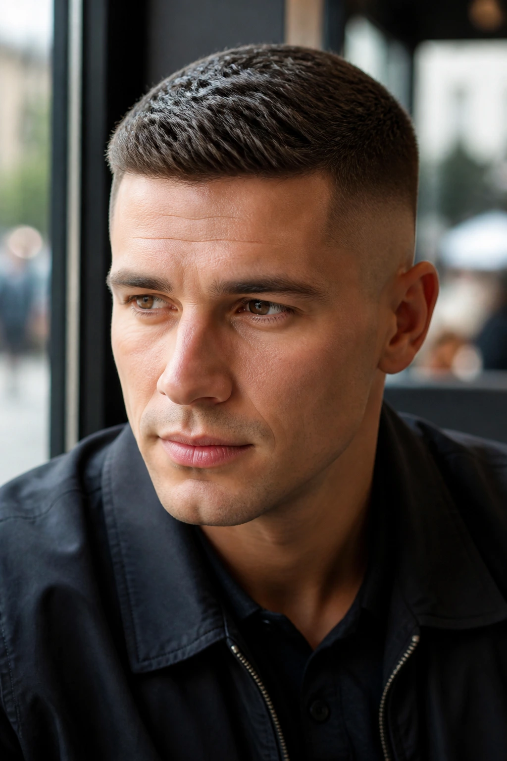 Close-up of a man with a brushed-forward crew cut at a cafe window