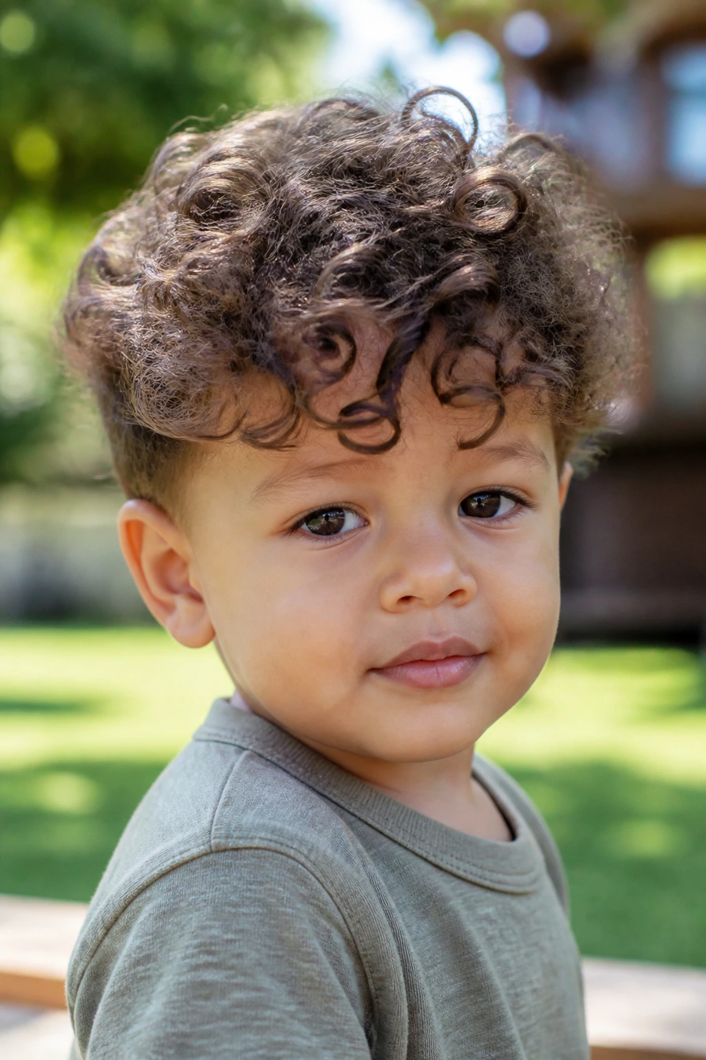 Close-up of toddler boy with brushed-forward curls
