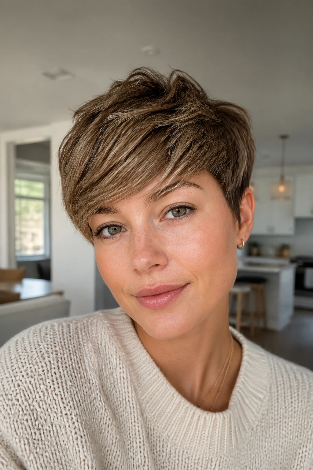 Close-up of person with brushed-forward fringe pixie hairstyle