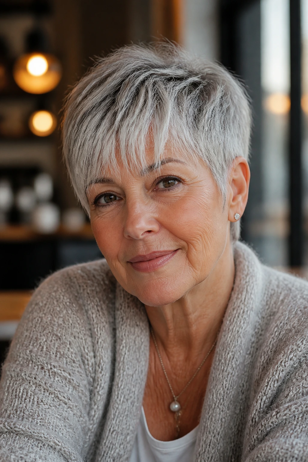 Close-up portrait of a real woman with a brushed-forward fringe pixie.