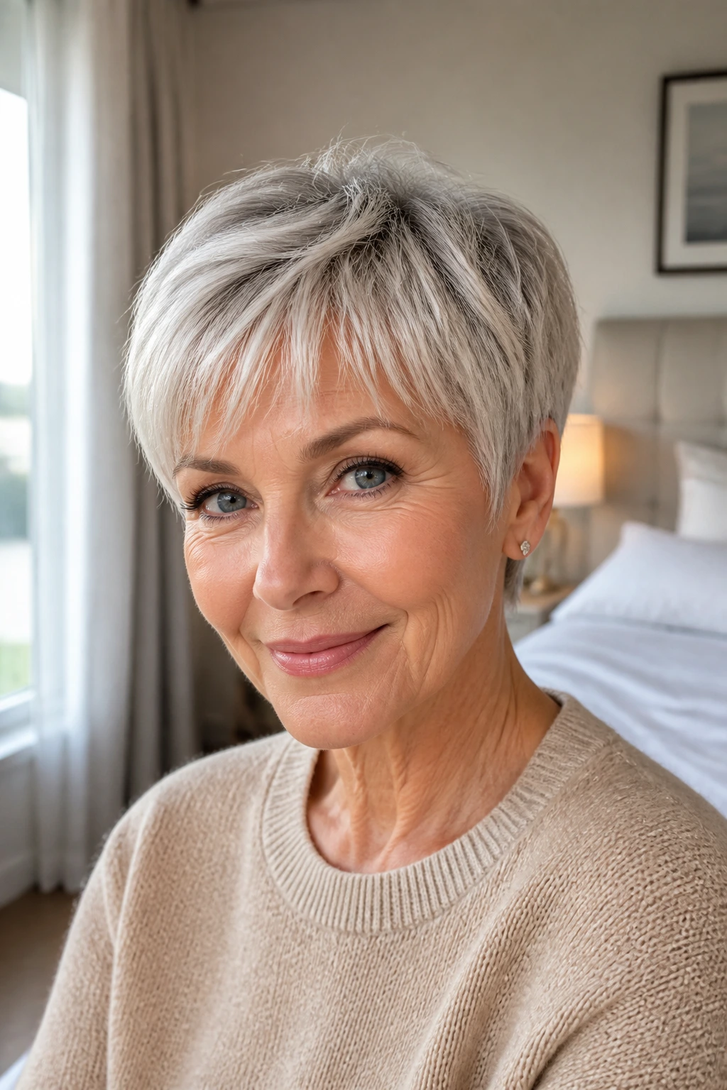 Close-up of a real woman with brushed-forward pixie and soft bangs, lit by morning light.