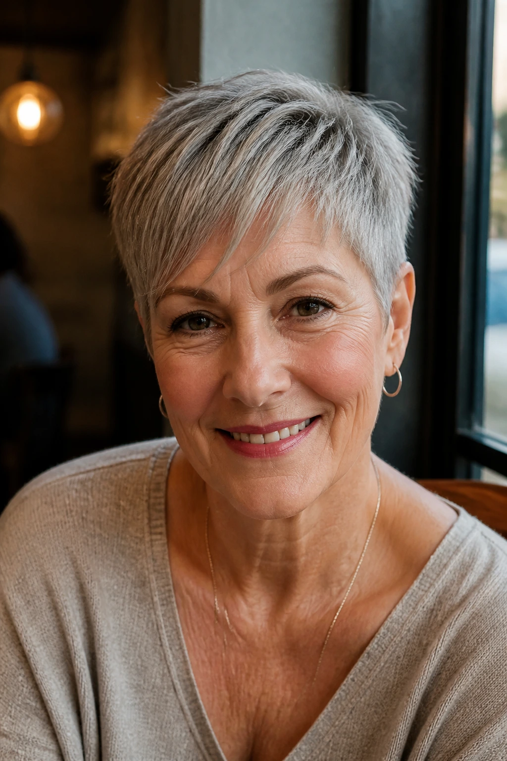 Close-up portrait of a real woman with brushed-forward pixie and piecey bangs
