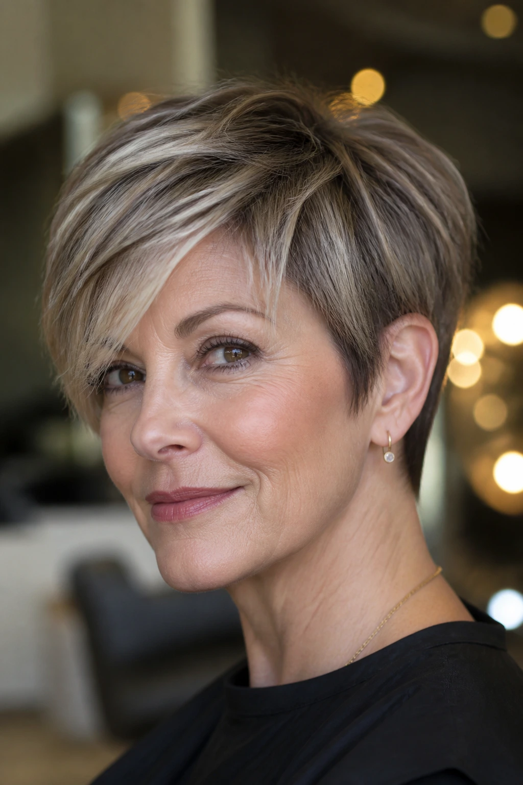 Portrait of a woman with a brushed-forward pixie bob in a modern salon
