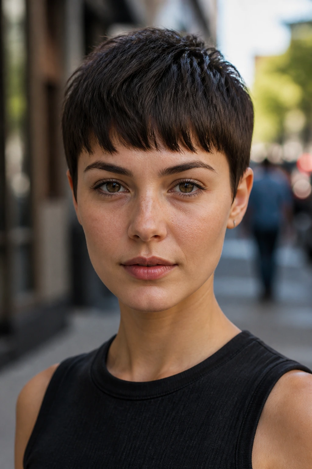 Close-up of a real woman with Brushed-Forward Boy Crop showing top brushed forward and blunt fringe.